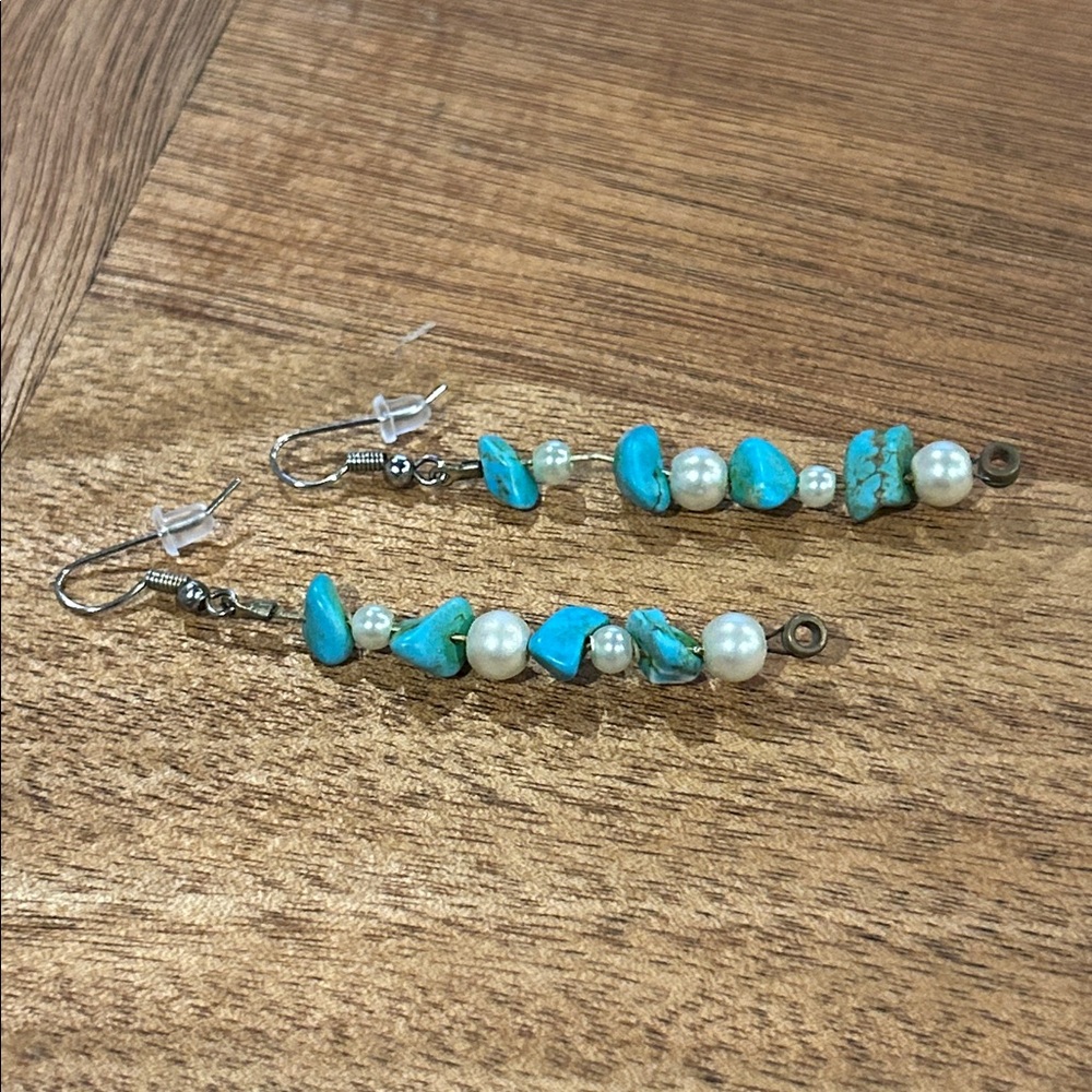 Turquoise Earrings with Pearl Dangle Drop Hobo Minimalist Tribal Western Boho - Picture 2 of 3